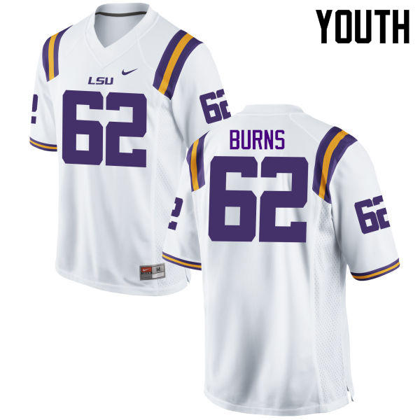 Youth LSU Tigers #62 Hunter Burns College Football Jerseys Game-White